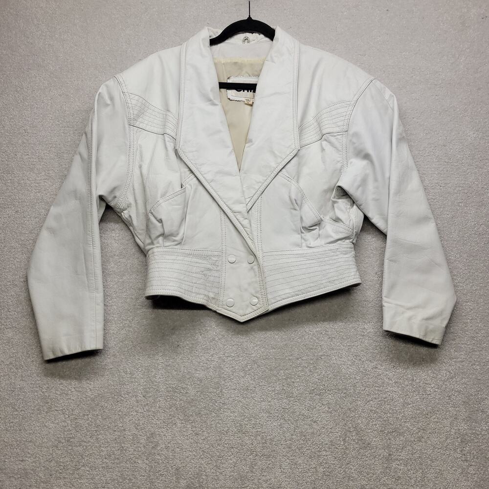 Vintage CHIA White Cropped Leather Jacket Women's L Korea Cropped Moto